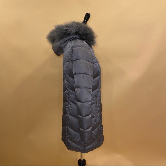 🛍️ Kenneth Cole New York Gray Chevron Puffer Long Winter Coat Jacket Fur Trim S - Picture 11 of 12